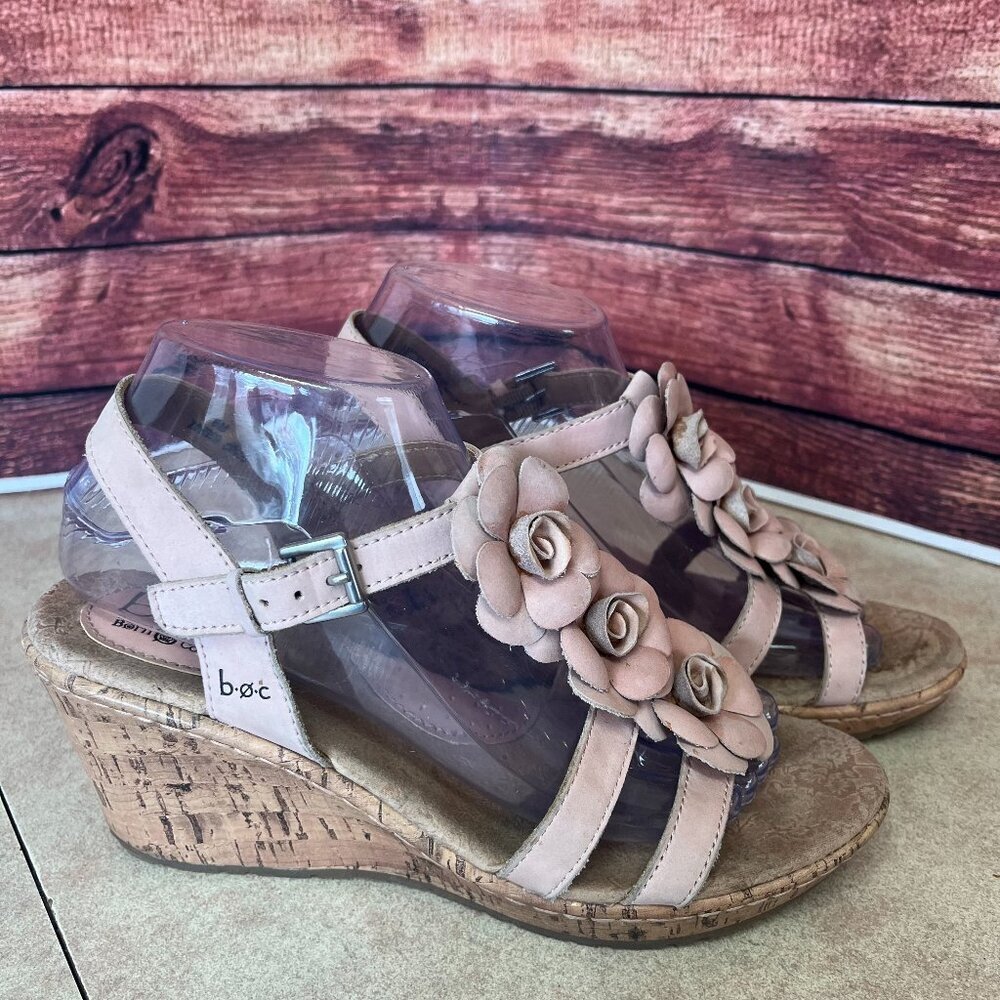 b.o.c. Born Concepts Pale Pink Leather Flower Platform Cork Wedge Espadrilles